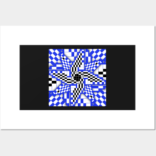 Blue Black and White Checkered Pinwheel Optical Illusion Posters and Art